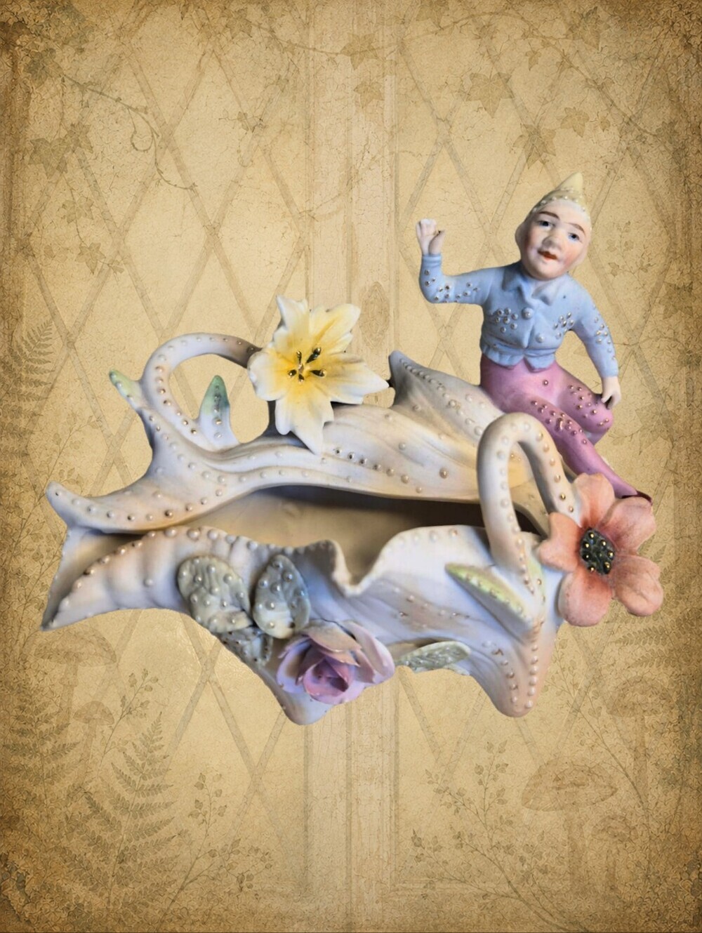 Secret Oceans Lore 🌊🧜‍♂️ Vintage Pastel Porcelain Pixie Elf on a Shell Trinket